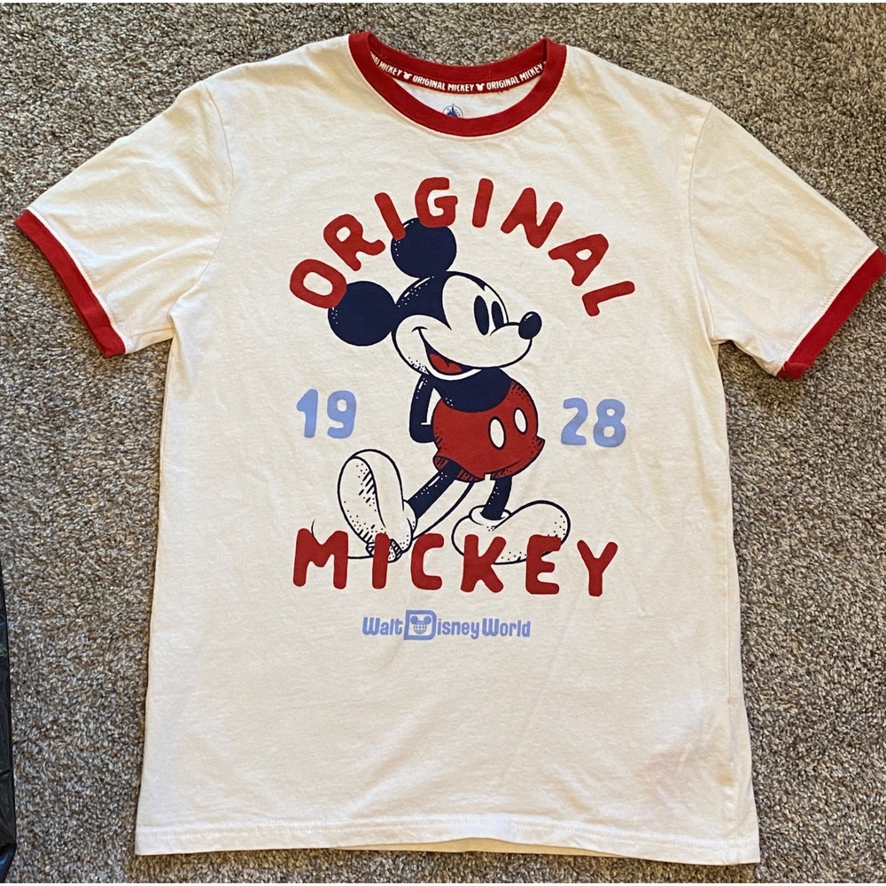Disney World Original Mickey Mouse 1928 Ringer T-Shirt Cream Red XS